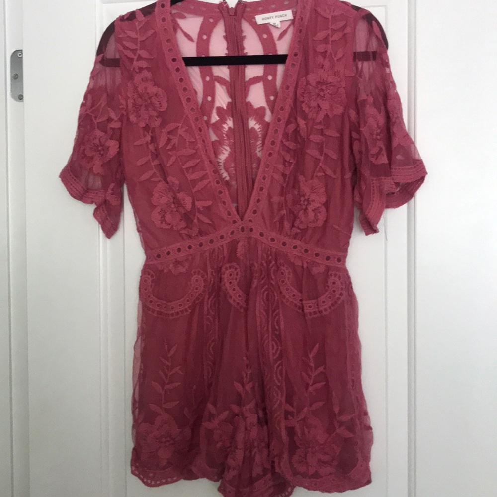 Honey punch pink lace romper